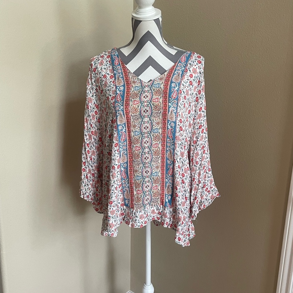 Cynthia Rowley White Boho Tunic with Blue & Coral Print - Size: 2X